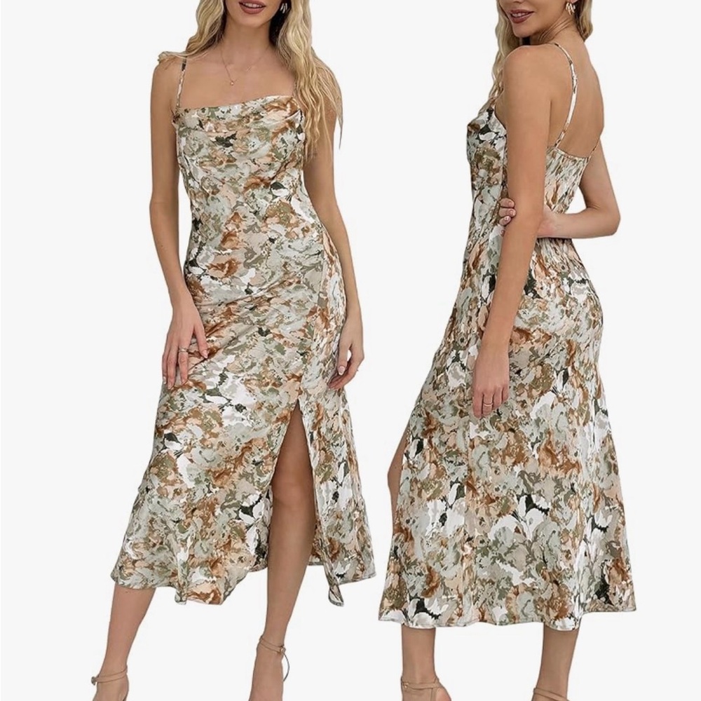 Floral Satin Slip Dress in Multi Green and Brown